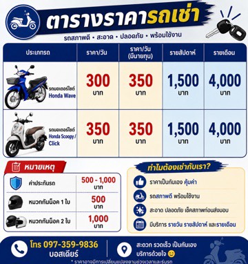 ตารางราคาเช่ามอเตอร์ไซค์ พัทลุง